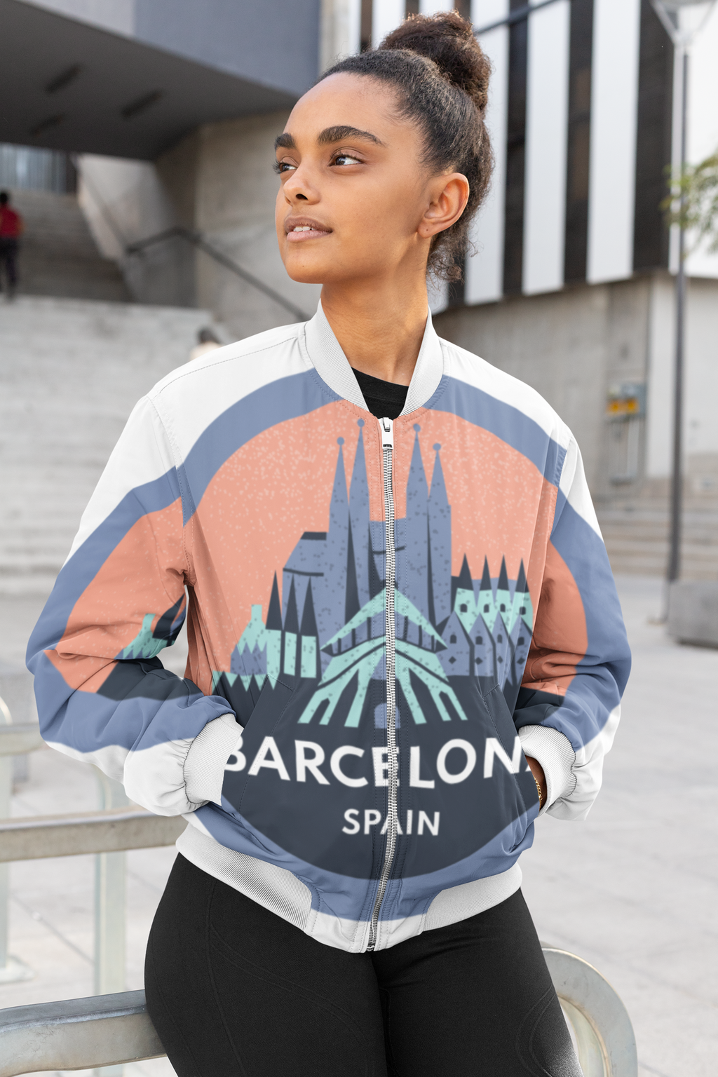 Woman wearing a jacket with Barcelona design outdoors