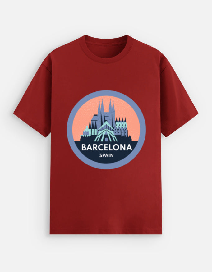 Red t-shirt with Barcelona, Spain graphic on a light blue background