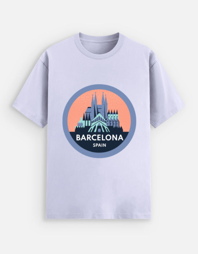Lavender t-shirt with Barcelona, Spain graphic on a light blue background