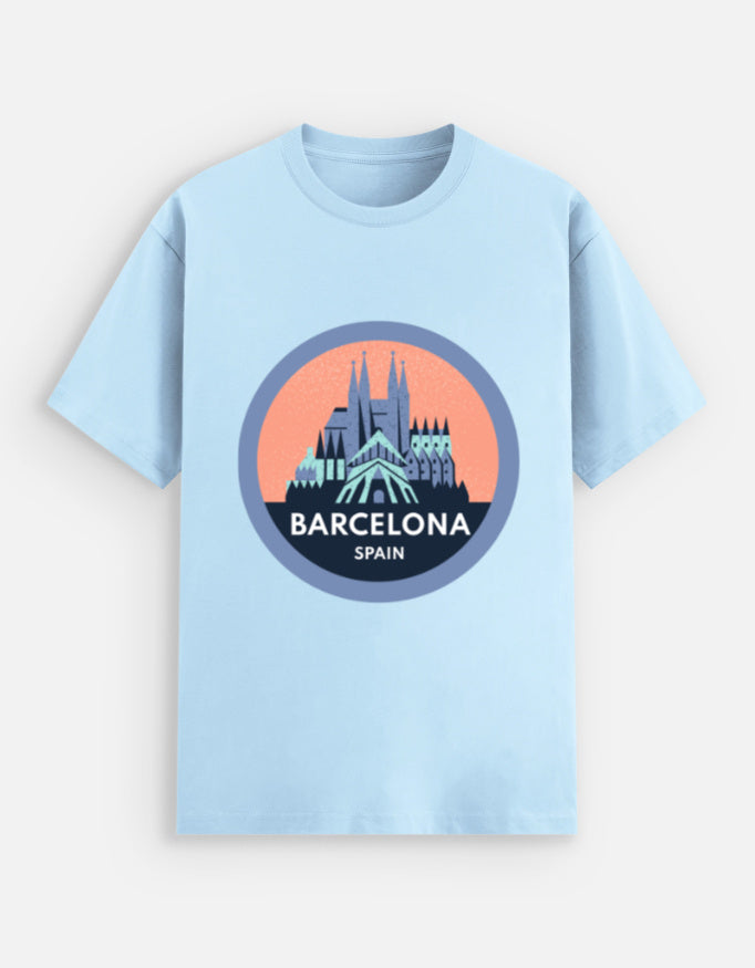 Baby Blue t-shirt with Barcelona, Spain graphic on a light blue background