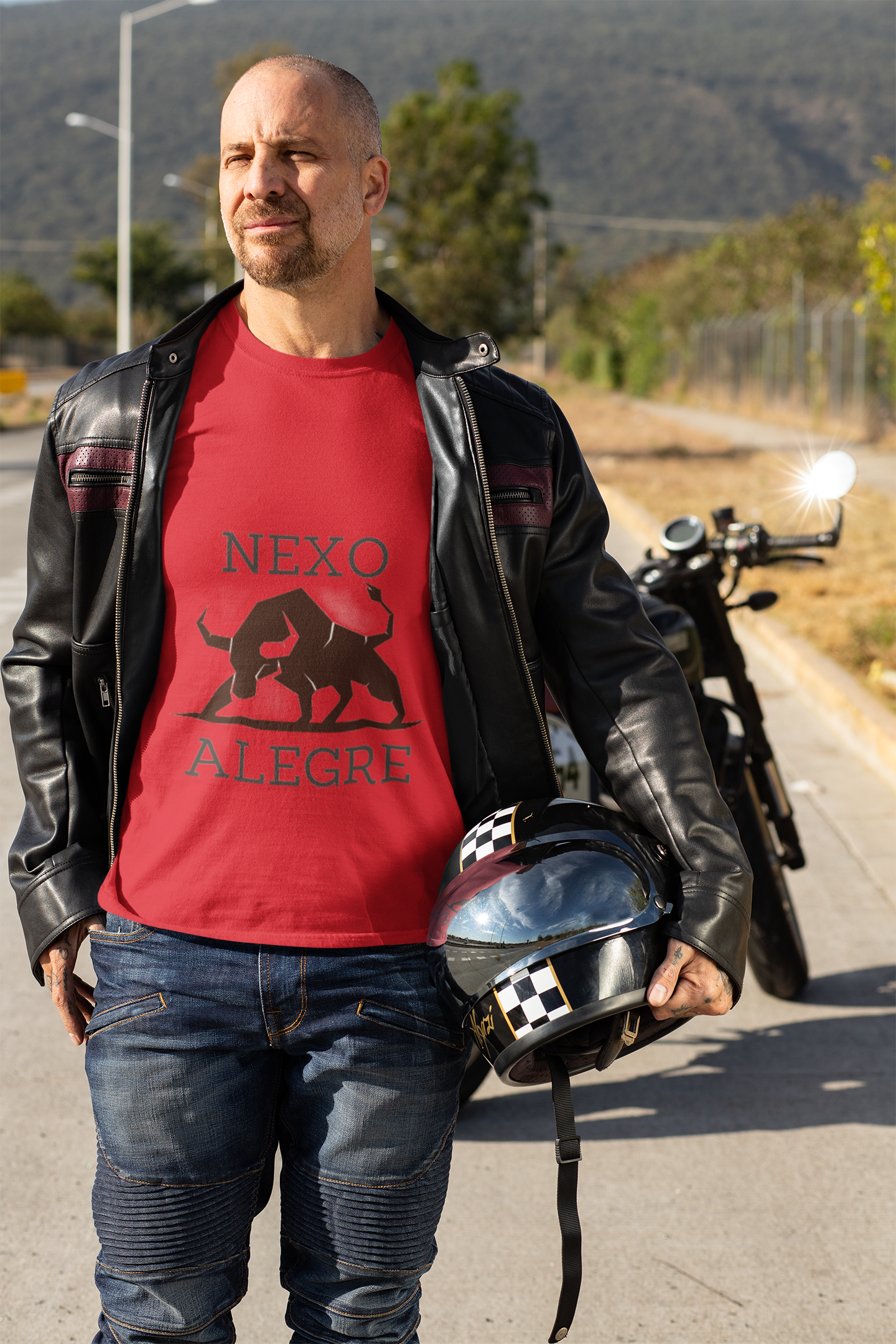 Red Stretchy t-shirt with Spanish Bull. Best for Bike Riders, Athelete and casual wear.