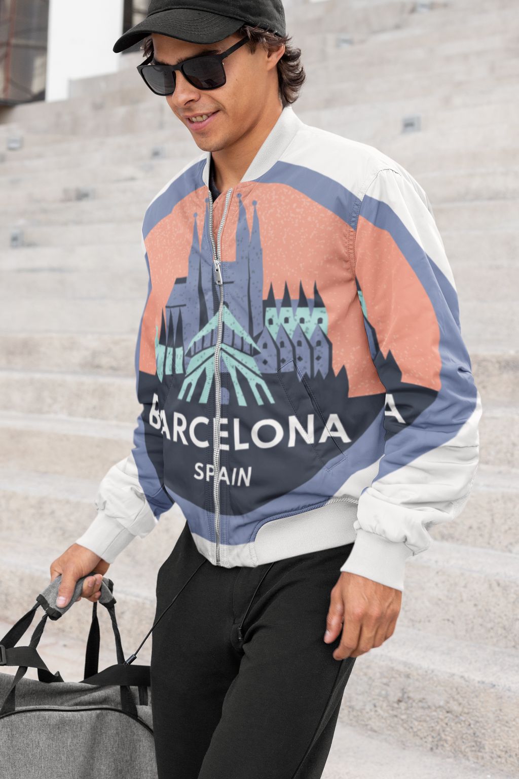 Person wearing a colorful Barcelona Spain jacket on the steps